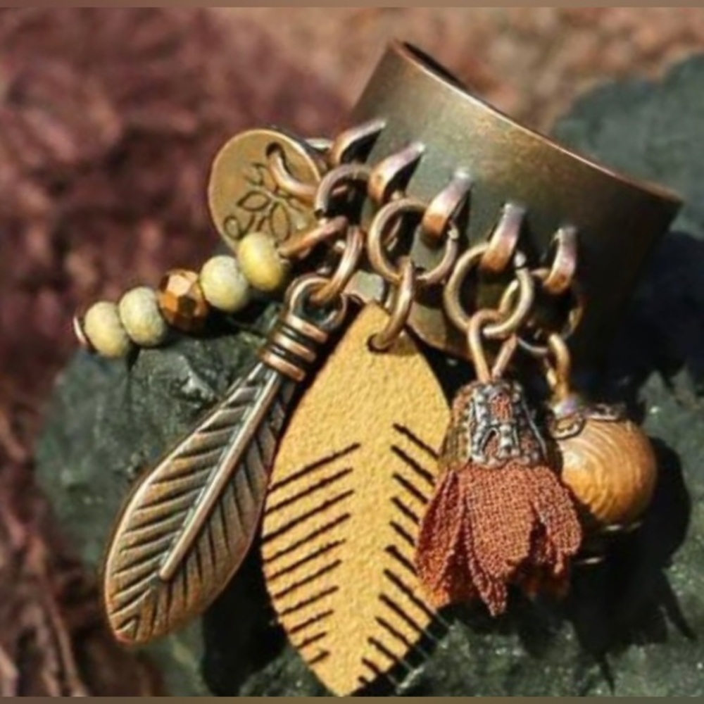 Bohemian Hippie Dangling Charms Wood Bead Feather Fabric Flower Copper Adj Ring - Picture 8 of 16